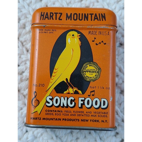 Vintage Hartz Mountain Song Food Tin Orange Canary Bird Seed Can USA - Picture 1 of 9